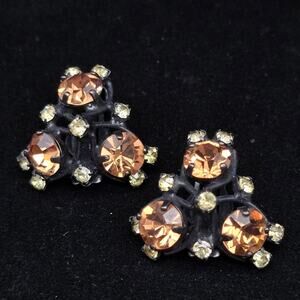 Vintage Joseph Warner Clip On Earrings Rhinestone Orange Champagne Japaned Black